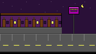 The motel parking lot at night, a sign on a pole, cars leaving