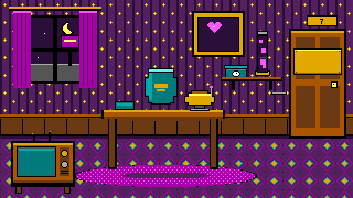Motel room 7 at night: a vase of keys on the table, a fondue pot, a velvet heart painting, a lava lamp, a phone, a TV and door 7